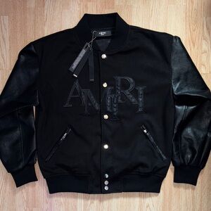 AMIRI All-Black Leather-Sleeve Bomber Jacket